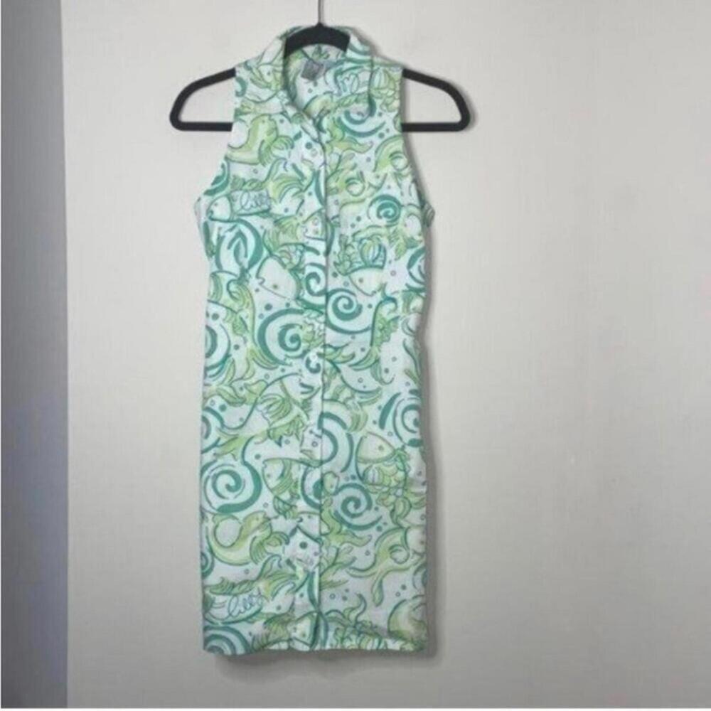 ✅Lilly Pulitzer Green Sleeveless Collared Koi Fish Button Up Dress